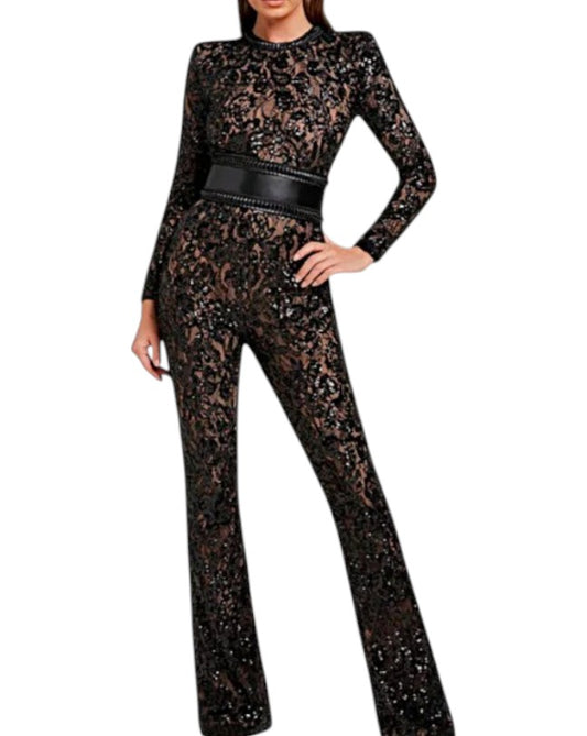 Women's Long Sleeves Lace and Wide Belt Jumpsuit