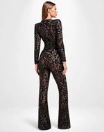 Women's Long Sleeves Lace and Wide Belt Jumpsuit