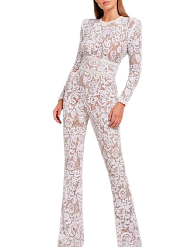 Women's Long Sleeves Lace and Wide Belt Jumpsuit