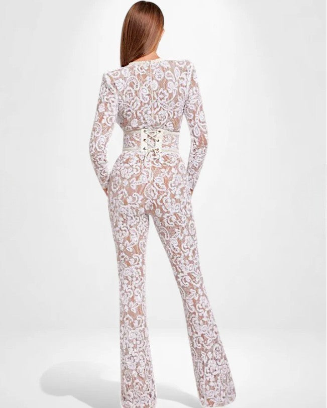 Women's Long Sleeves Lace and Wide Belt Jumpsuit