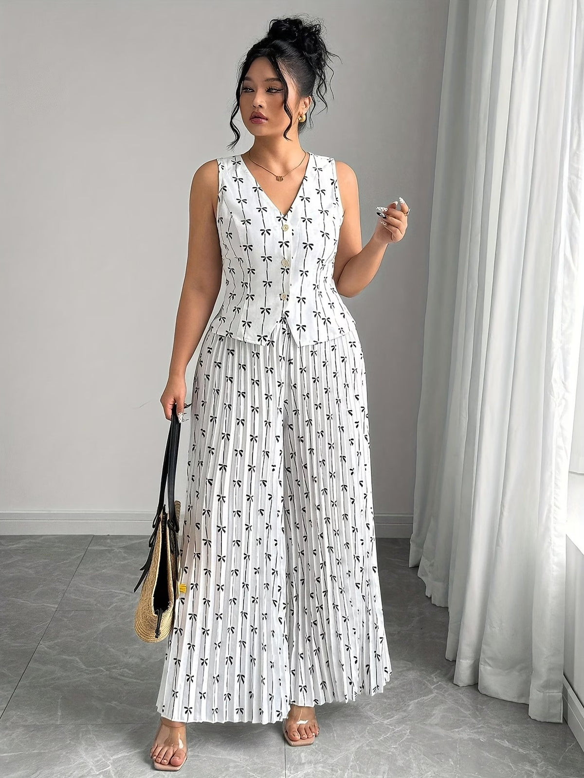 Women’s Bow Print Top and Trousers Set