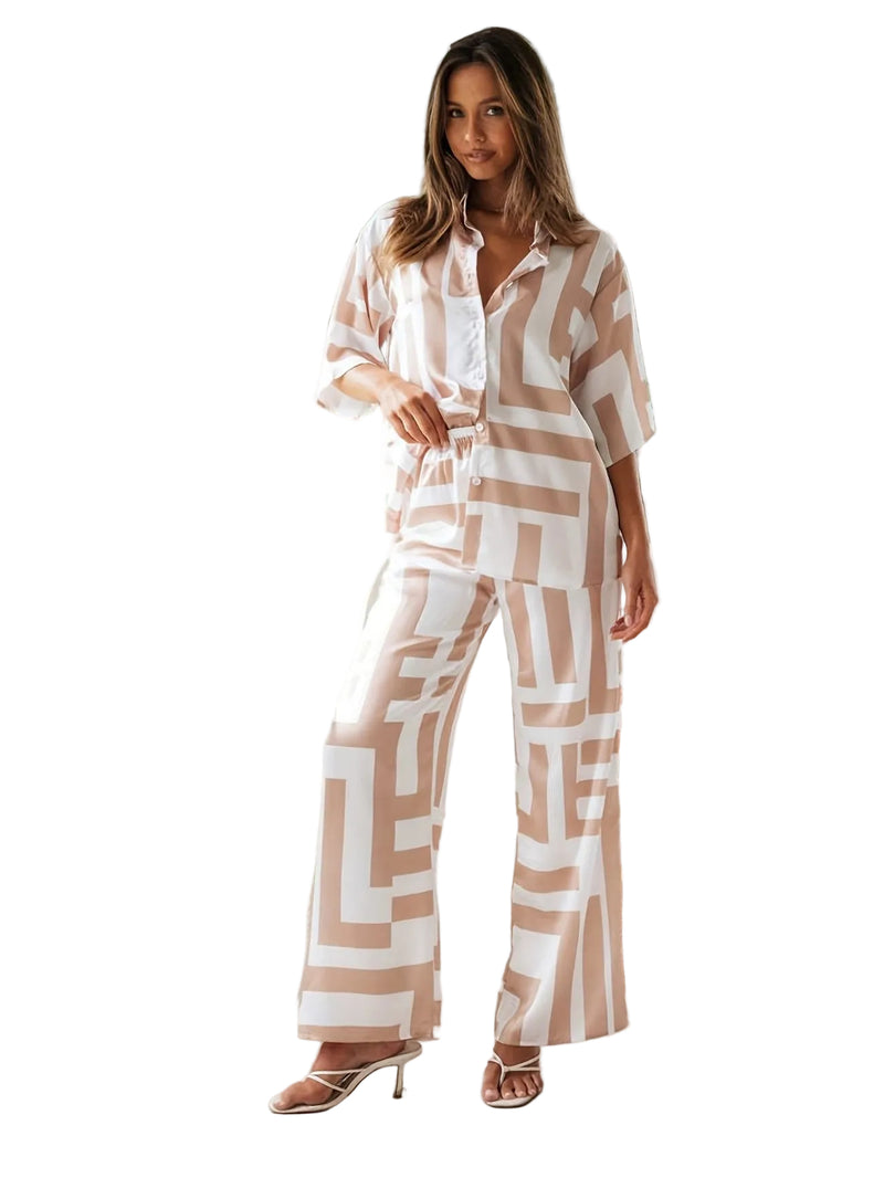 Women’s Shirt and Trousers Set with Geometric Pattern