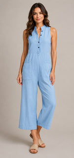 Women's Button Front Sleeveless Wide Leg Jumpsuit