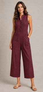 Women's Button Front Sleeveless Wide Leg Jumpsuit