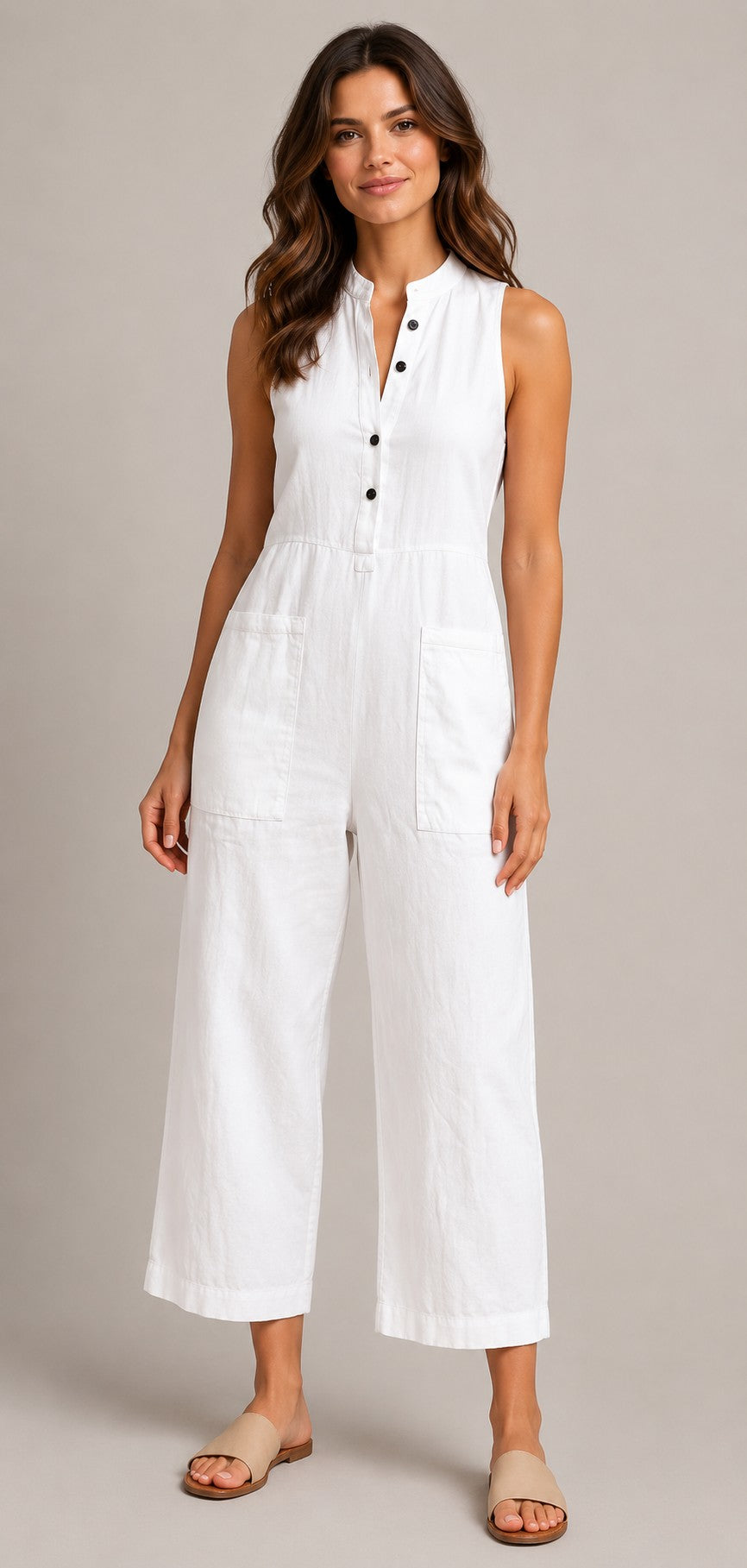 Women's Button Front Sleeveless Wide Leg Jumpsuit