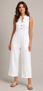 Women's Button Front Sleeveless Wide Leg Jumpsuit