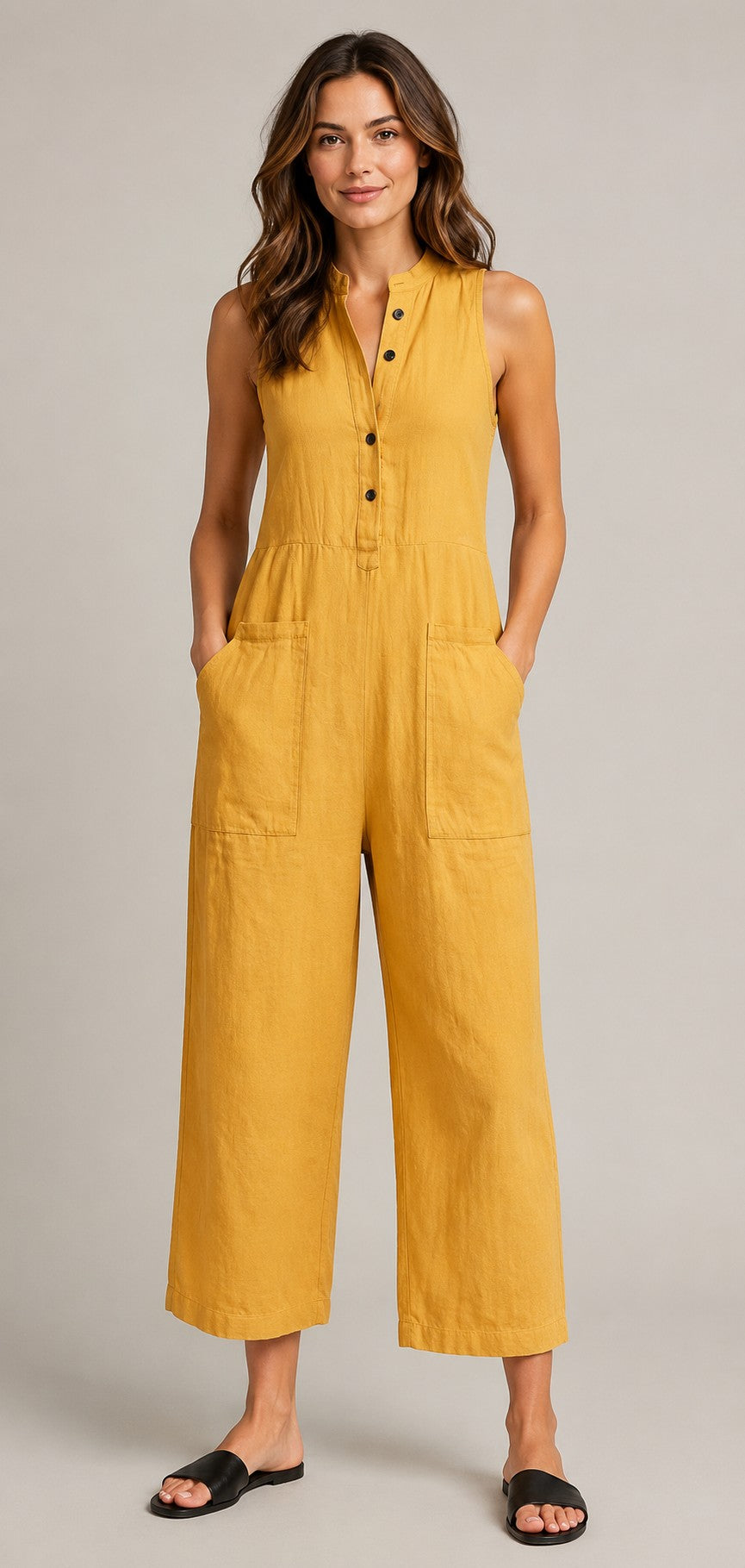 Women's Button Front Sleeveless Wide Leg Jumpsuit
