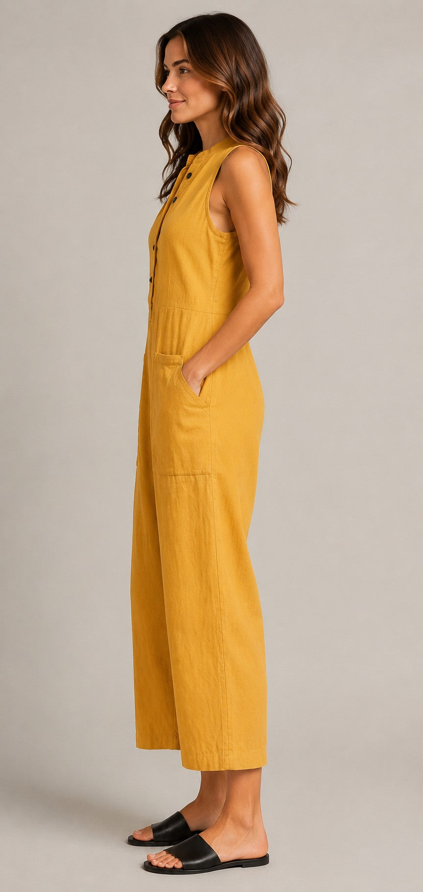 Women's Button Front Sleeveless Wide Leg Jumpsuit