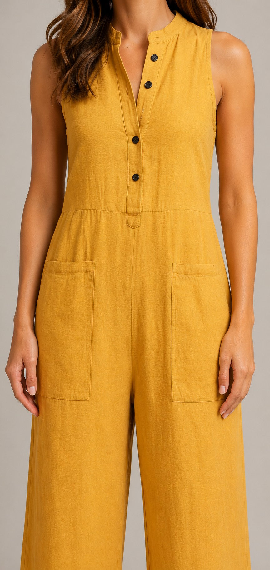 Women's Button Front Sleeveless Wide Leg Jumpsuit