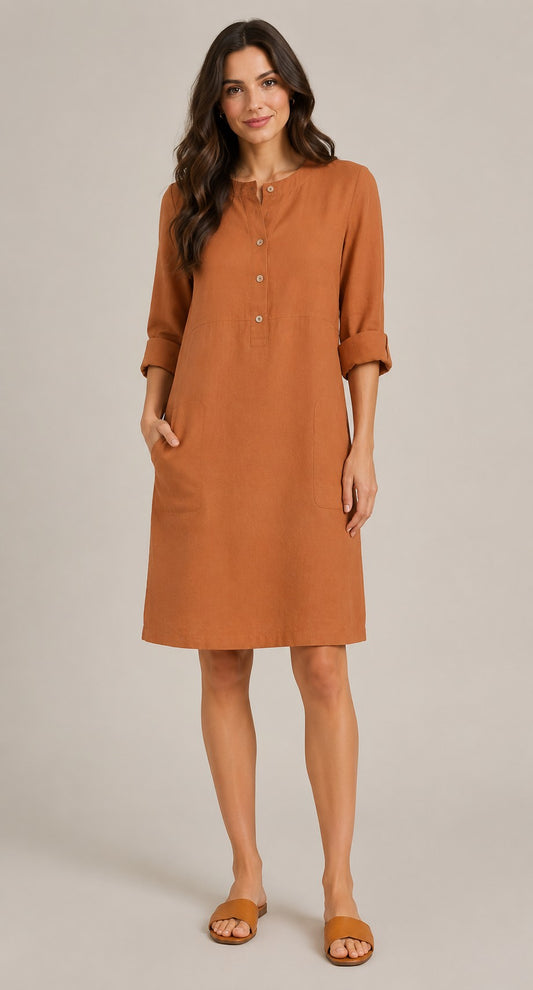 Women's Button Round Neck Pocket Dress