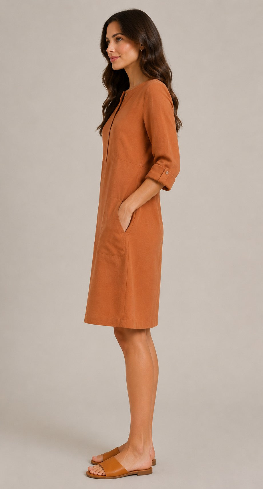 Women's Button Round Neck Pocket Dress