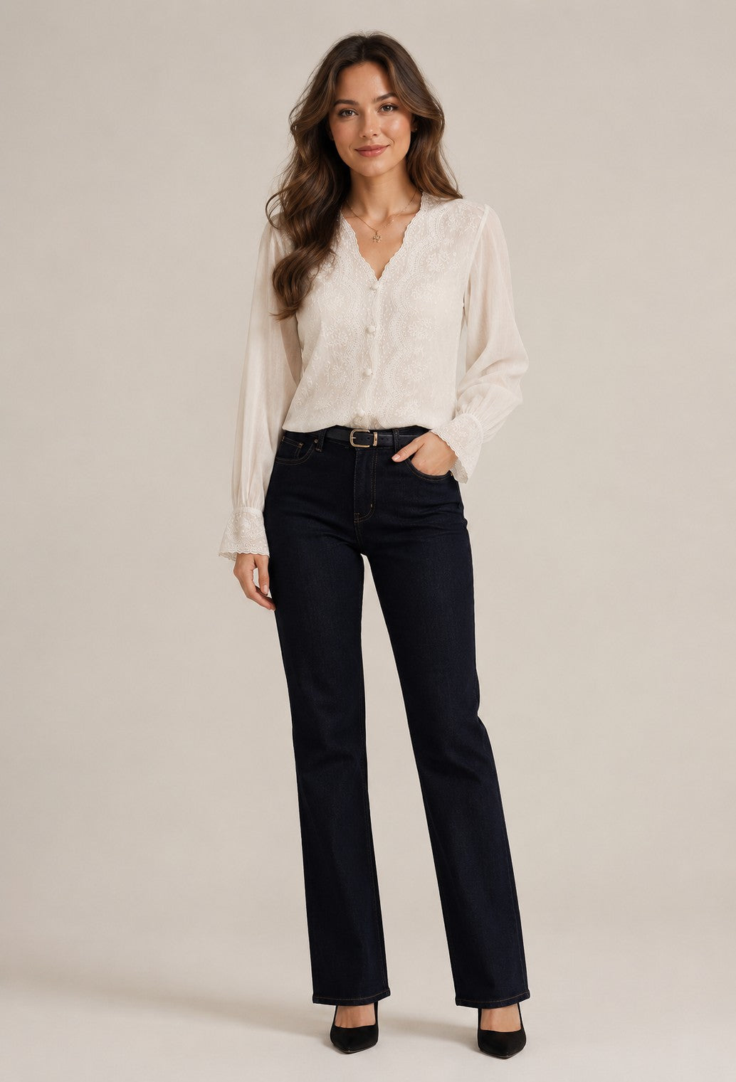 Women's Cotton Linen Lace Trim Long Sleeve Blouse