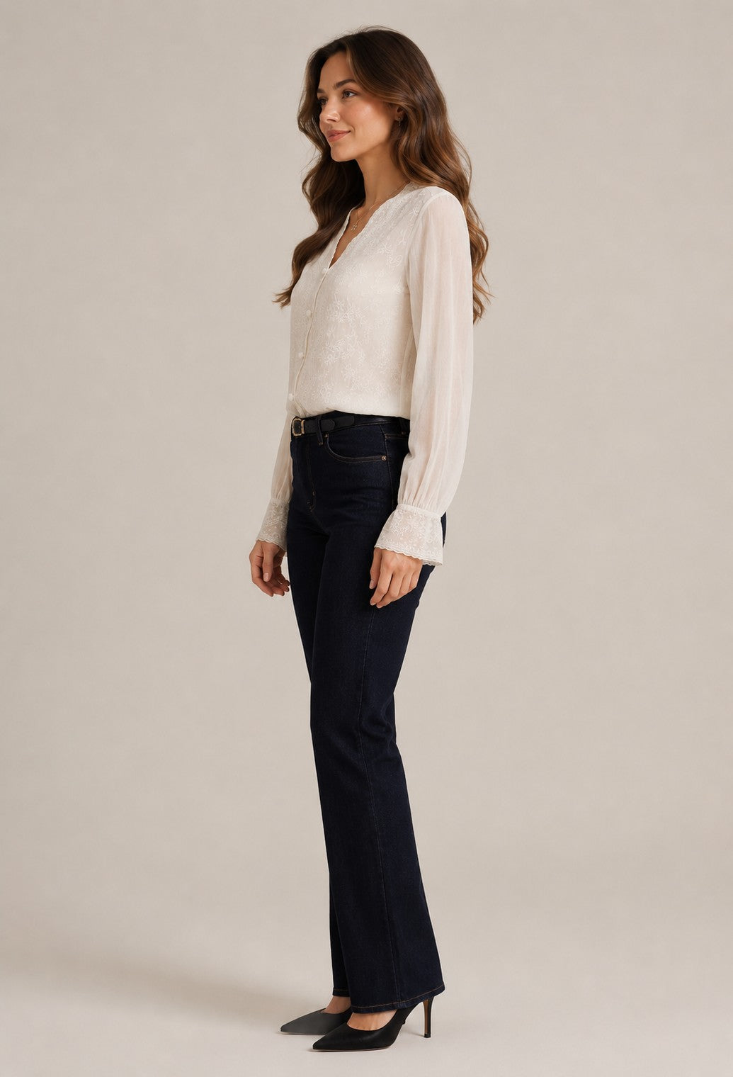 Women's Cotton Linen Lace Trim Long Sleeve Blouse