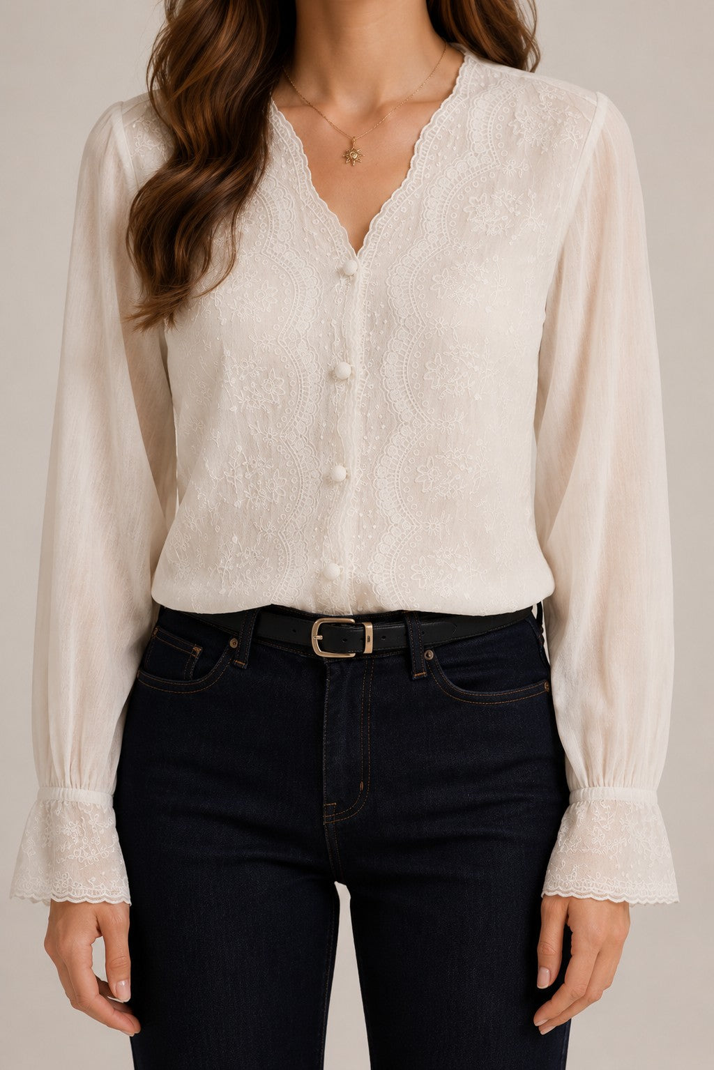 Women's Cotton Linen Lace Trim Long Sleeve Blouse