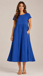 Women's Cotton Linen Short Sleeve Midi Dress