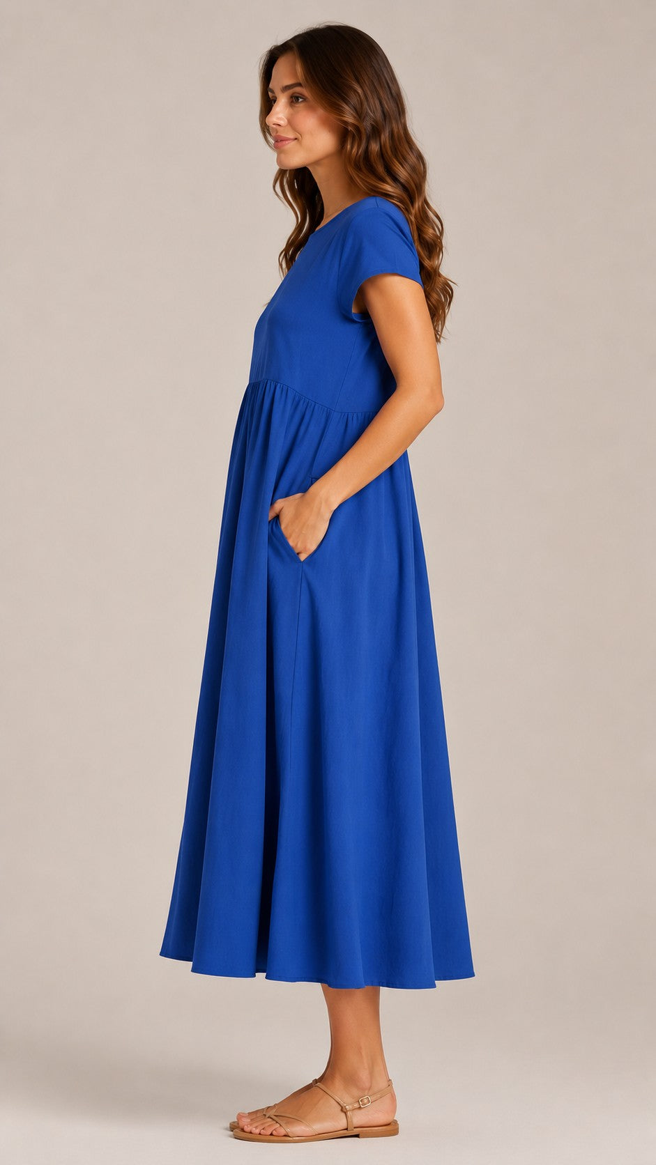 Women's Cotton Linen Short Sleeve Midi Dress