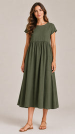 Women's Cotton Linen Short Sleeve Midi Dress