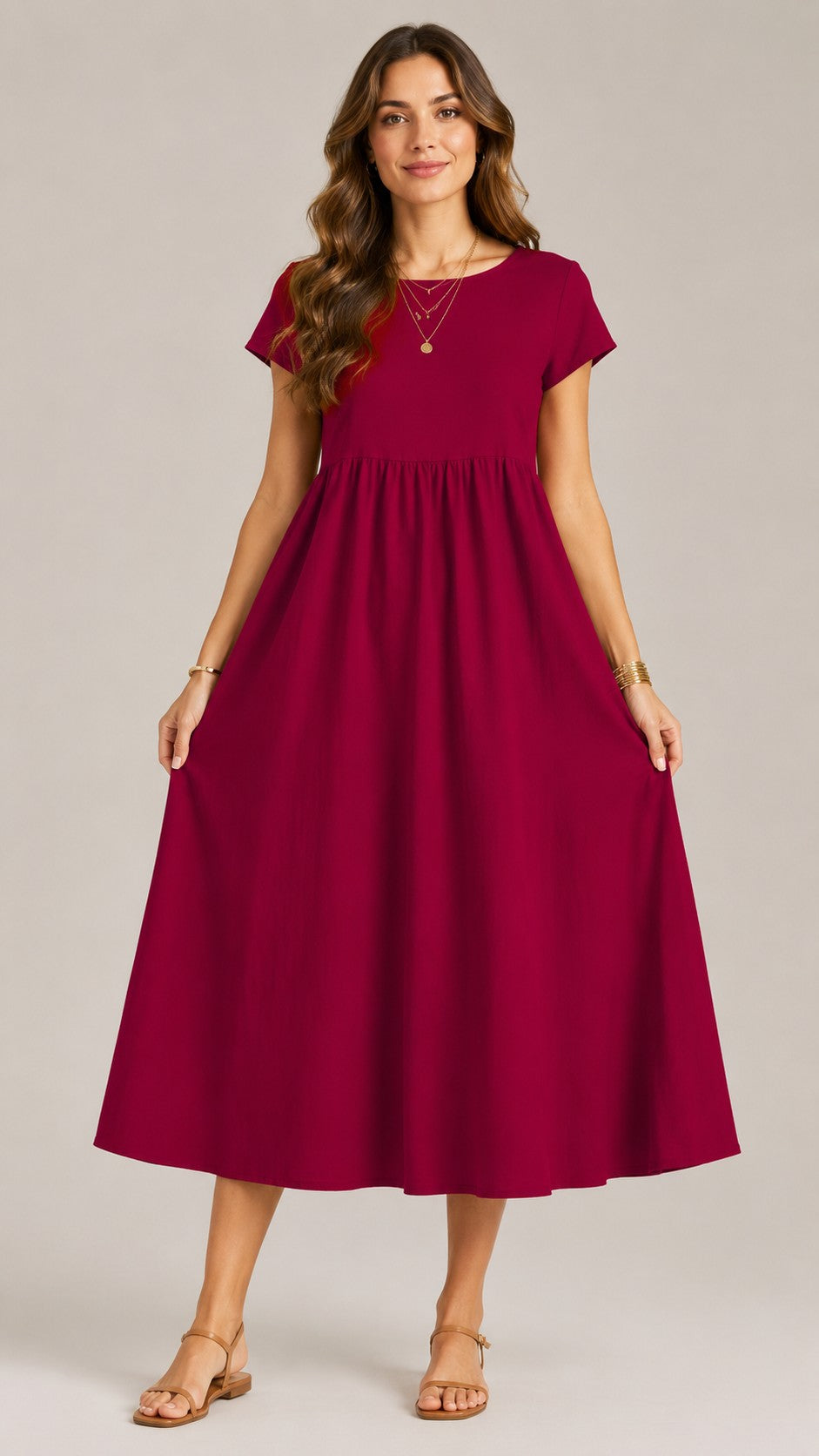 Women's Cotton Linen Short Sleeve Midi Dress
