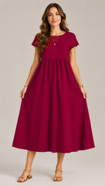 Women's Cotton Linen Short Sleeve Midi Dress