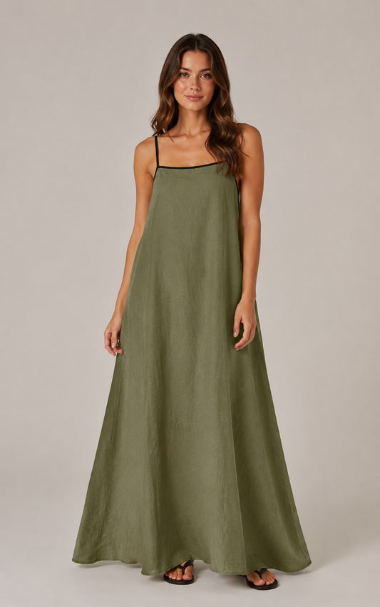 Women's Cotton Linen Sleeveless Square Neck Maxi Dress