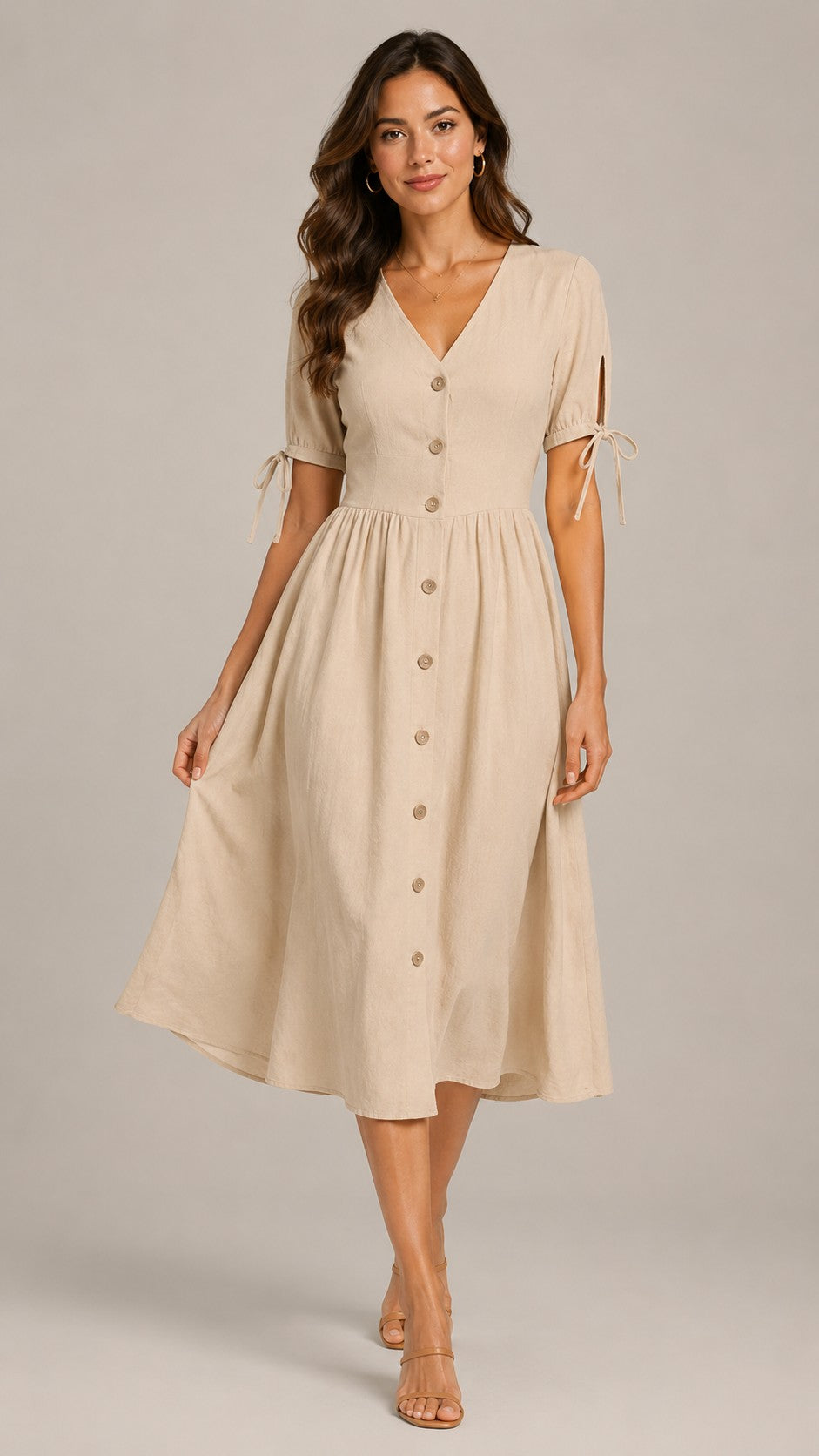 Women's Cotton Linen V-Neck Button Front Midi Dress
