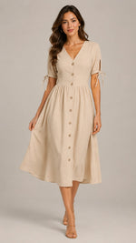 Women's Cotton Linen V-Neck Button Front Midi Dress
