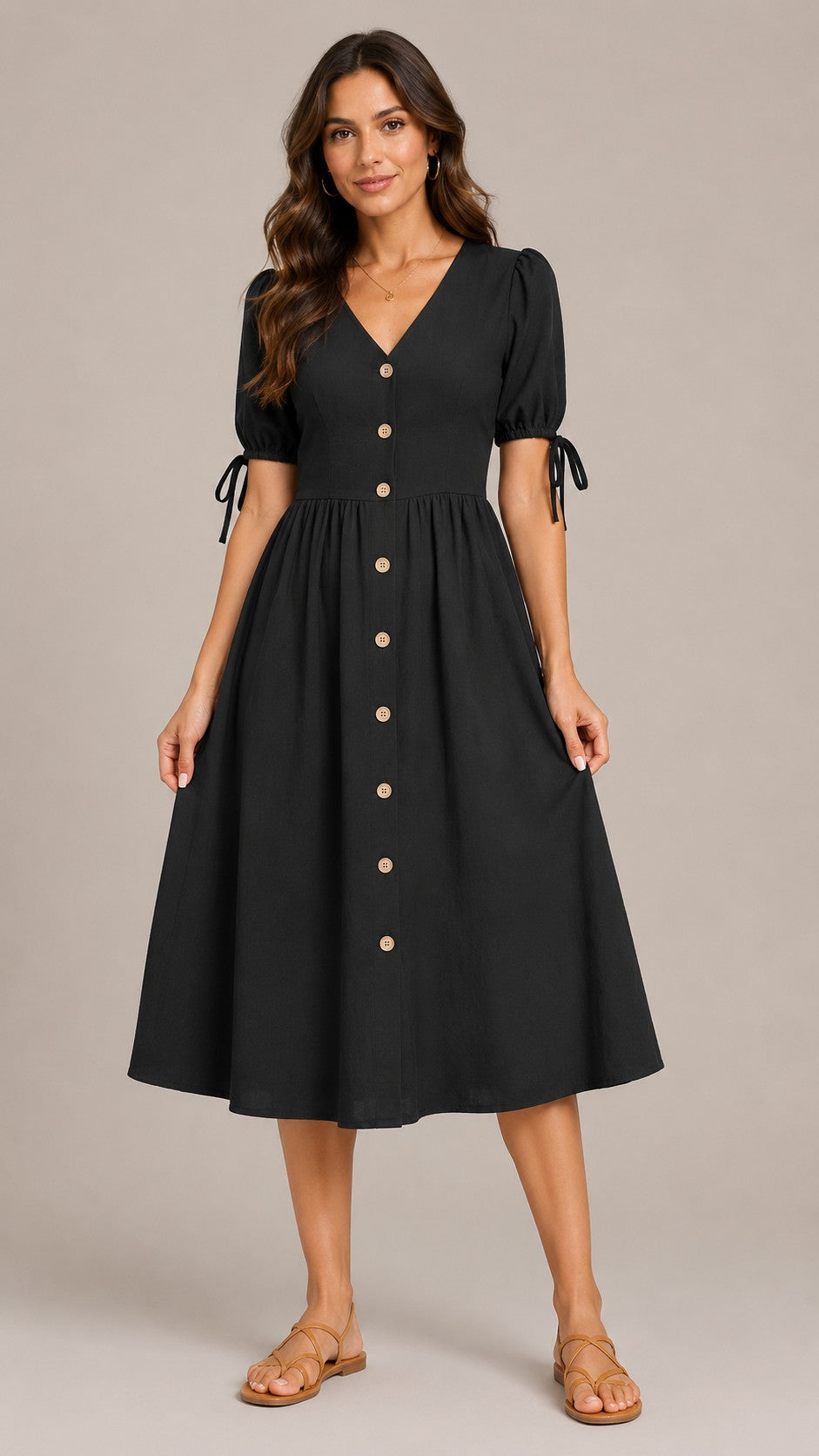 Women's Cotton Linen V-Neck Button Front Midi Dress