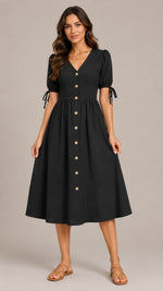 Women's Cotton Linen V-Neck Button Front Midi Dress