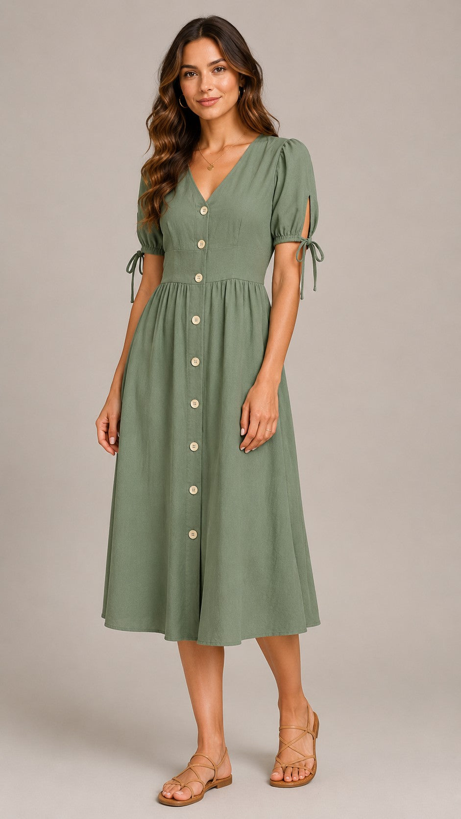 Women's Cotton Linen V-Neck Button Front Midi Dress