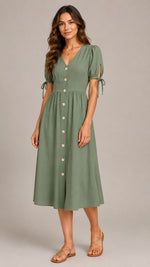 Women's Cotton Linen V-Neck Button Front Midi Dress