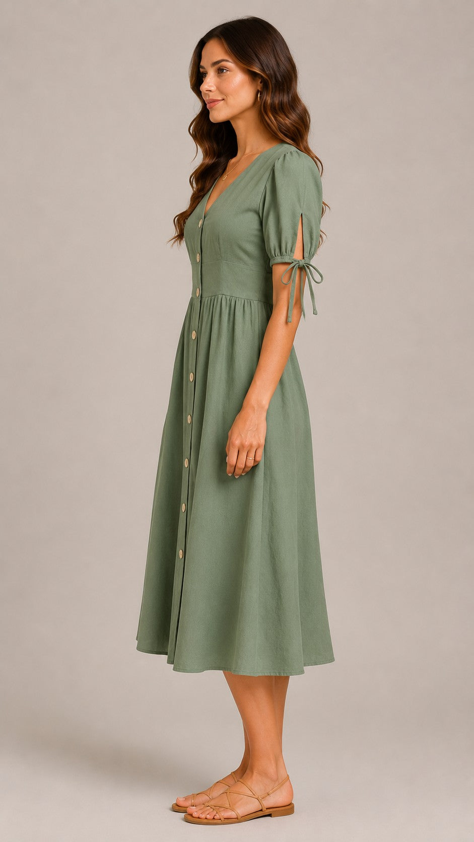 Women's Cotton Linen V-Neck Button Front Midi Dress