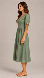 Women's Cotton Linen V-Neck Button Front Midi Dress