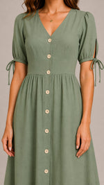 Women's Cotton Linen V-Neck Button Front Midi Dress