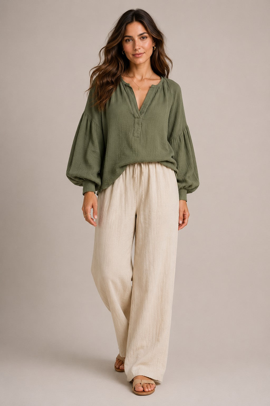 Women's Cotton Long Sleeve V-Neck Blouse