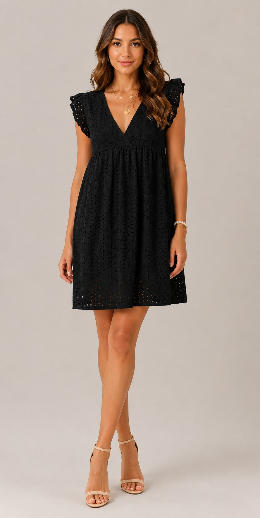 Women's Cotton V-Neck Flutter Sleeves Mini Dress