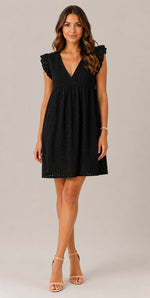Women's Cotton V-Neck Flutter Sleeves Mini Dress