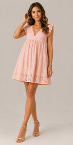 Women's Cotton V-Neck Flutter Sleeves Mini Dress