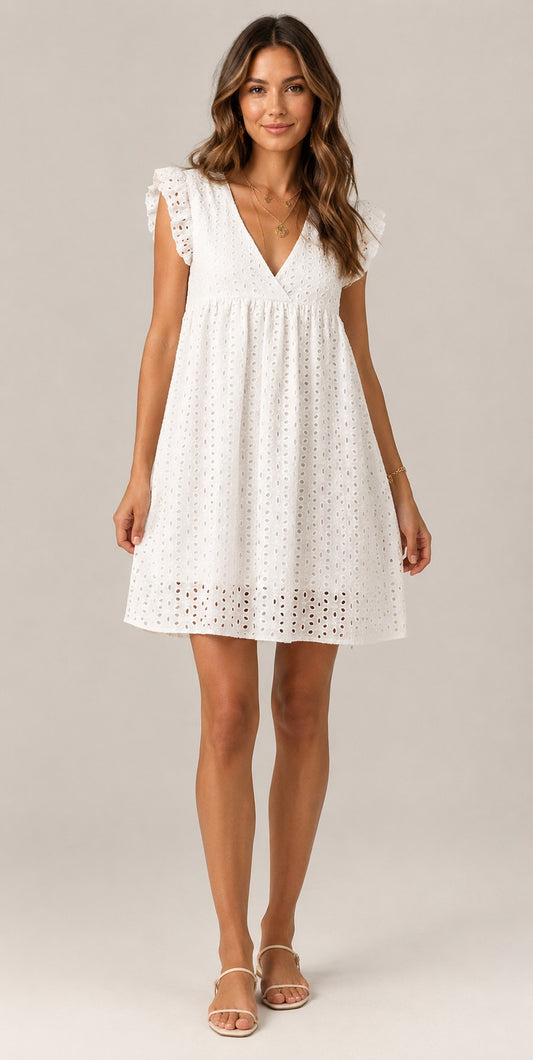 Women's Cotton V-Neck Flutter Sleeves Mini Dress