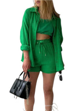 Women's Crinkle Button-Up Shirt and Shorts Set