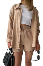 Women's Crinkle Button-Up Shirt and Shorts Set