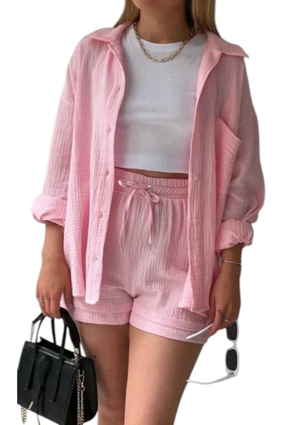 Women's Crinkle Button-Up Shirt and Shorts Set