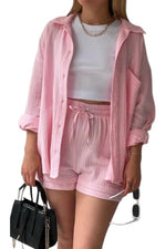 Women's Crinkle Button-Up Shirt and Shorts Set