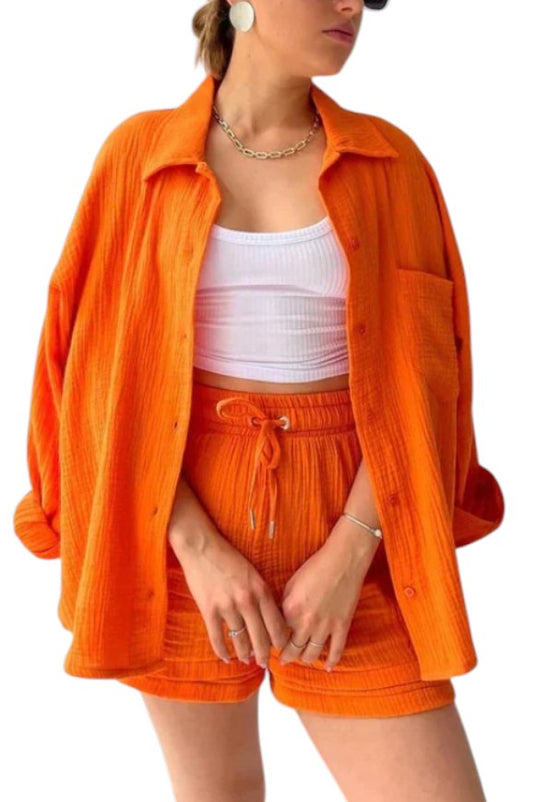 Women's Crinkle Button-Up Shirt and Shorts Set