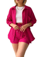 Women's Crinkle Button-Up Shirt and Shorts Set