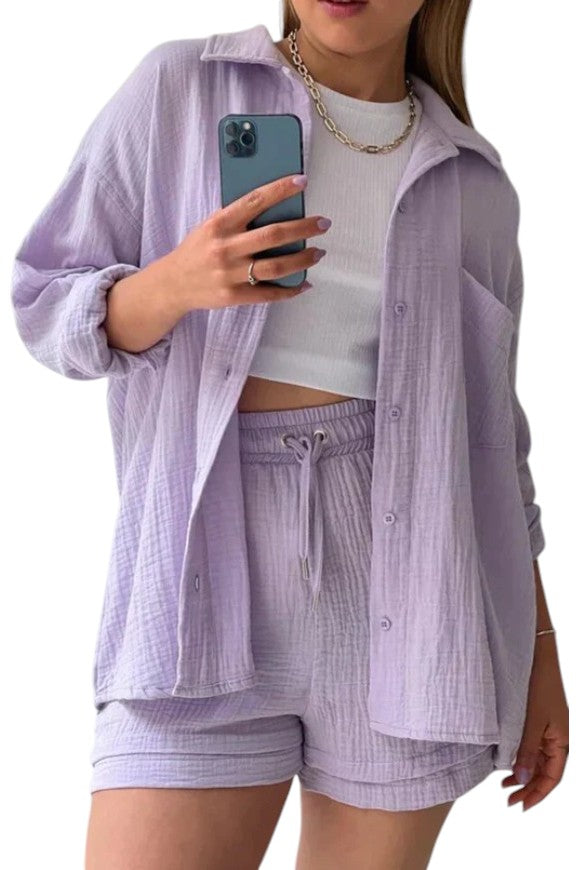 Women's Crinkle Button-Up Shirt and Shorts Set