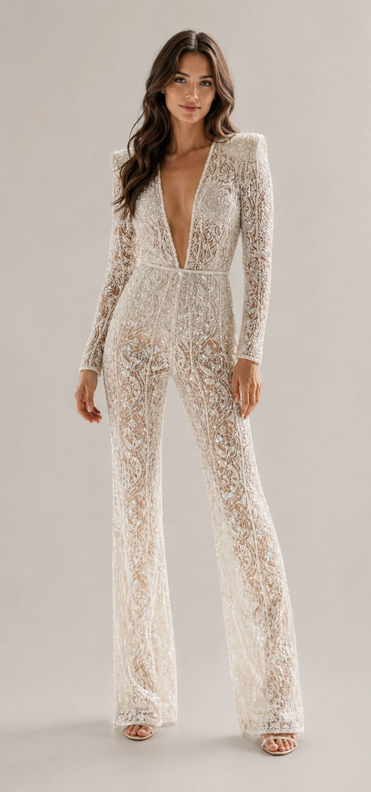 Women's Deep V-Neck Long Sleeve Patterned Jumpsuit
