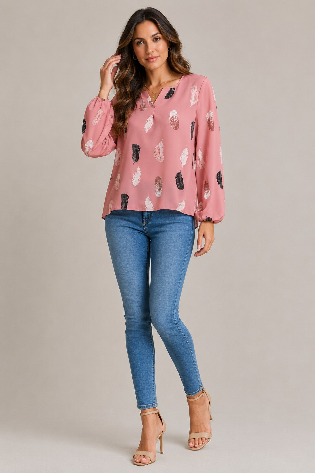 Women's Feather Print Long Sleeve Blouse