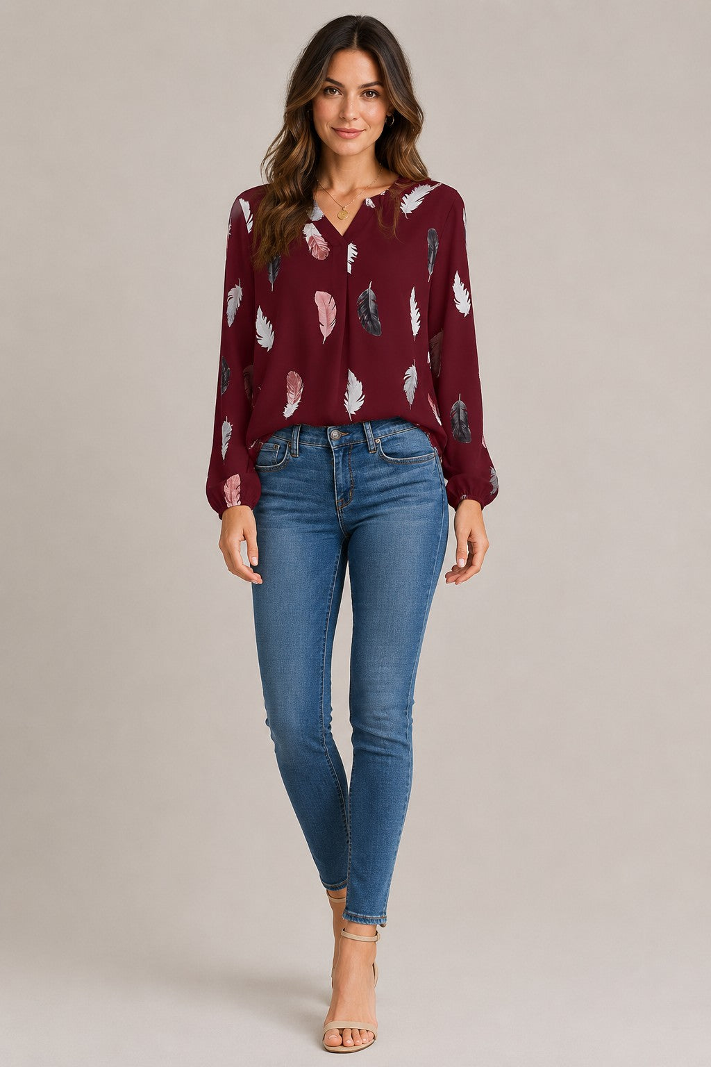 Women's Feather Print Long Sleeve Blouse