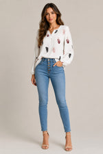 Women's Feather Print Long Sleeve Blouse