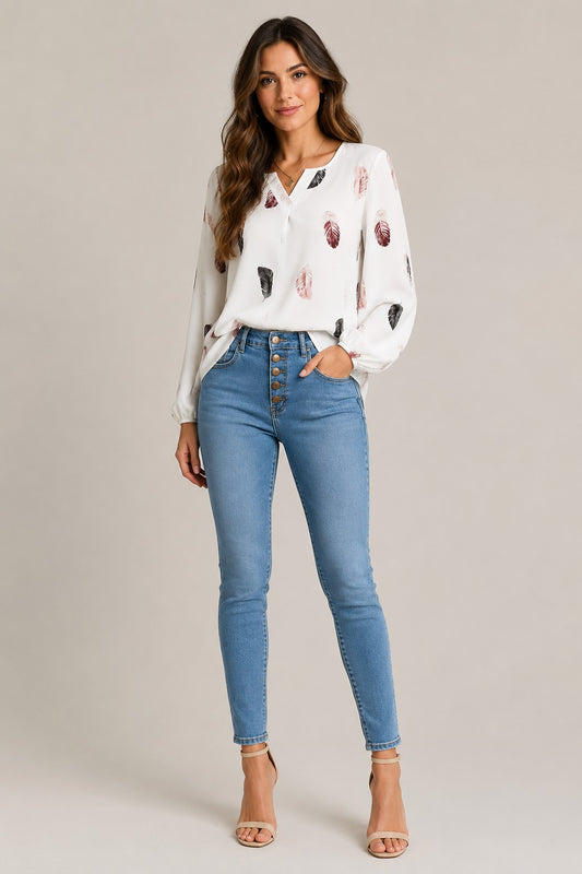 Women's Feather Print Long Sleeve Blouse